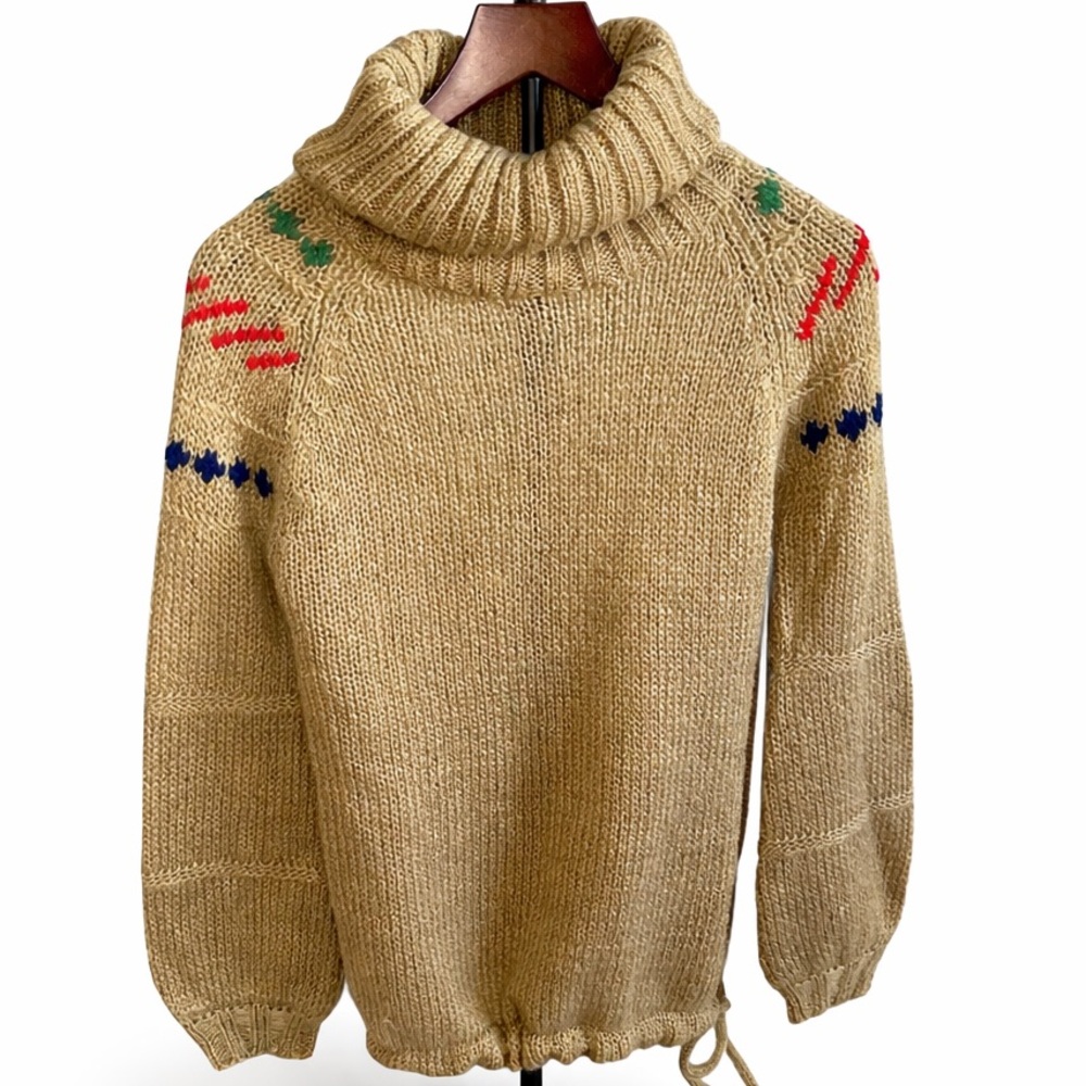 Vintage 70s PRONTO Chunky Knit Turtleneck Sweater, Geometric Accents, Medium